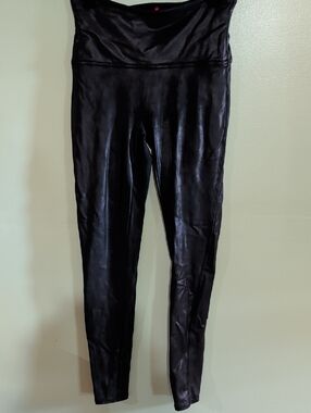 SPANX Black Shiny Faux Leather Leggings with Red Tag